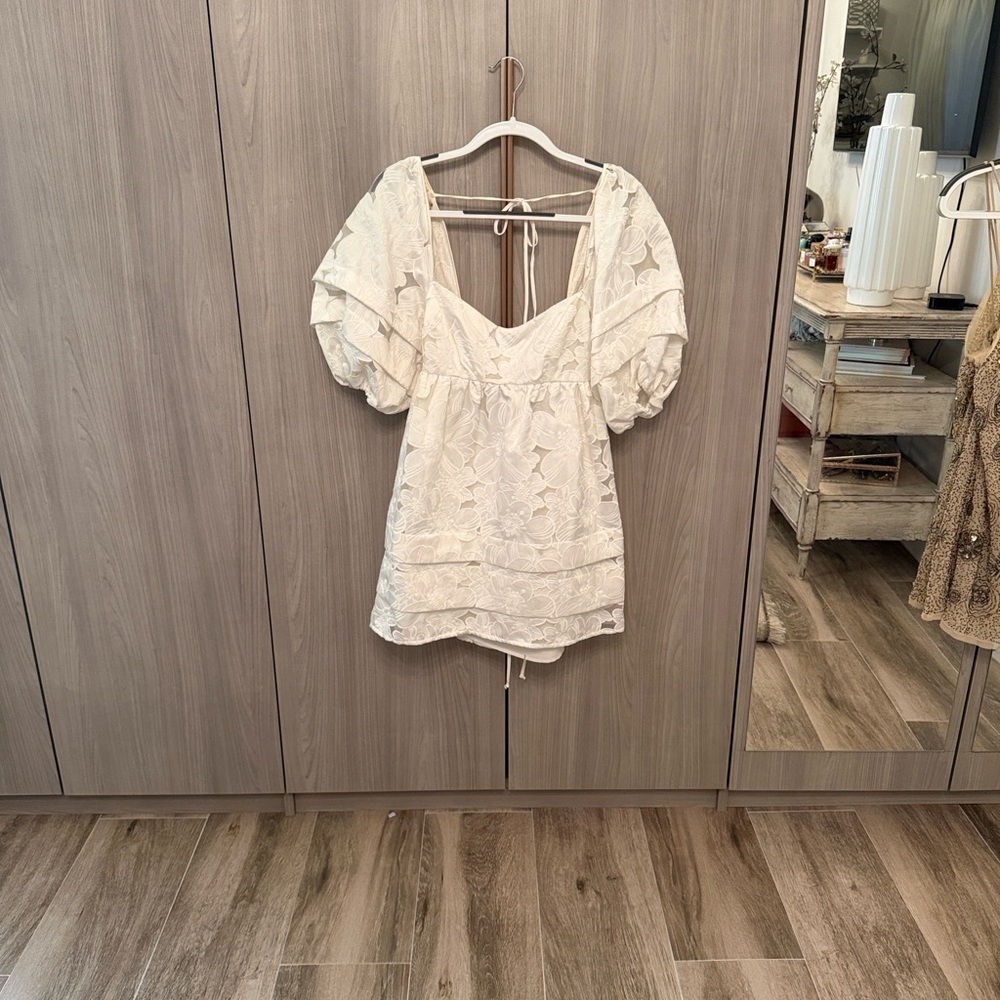 For Love & Lemons Cream Lace Puff-Sleeve Mini Dress